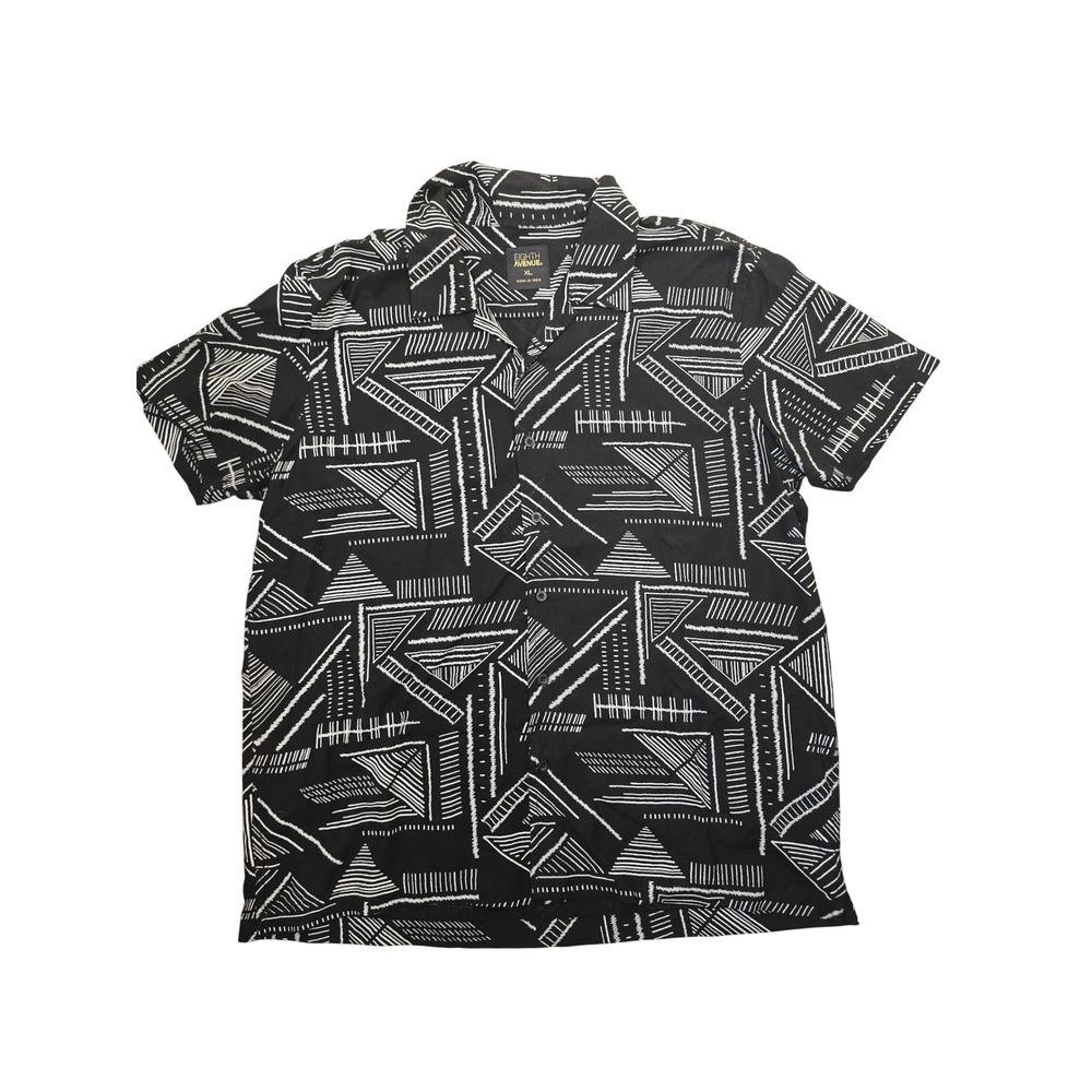 Eighth Avenue Mens XL Black White Geometric Tribal Viscose Short Sleeve Shirt